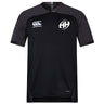 The Clarksville Headhunters Vapodri Evader Jersey by EMB Canterbury is a black and dark gray short-sleeved rugby jersey with AH chest logos, featuring moisture-wicking technology for comfort during intense matches.