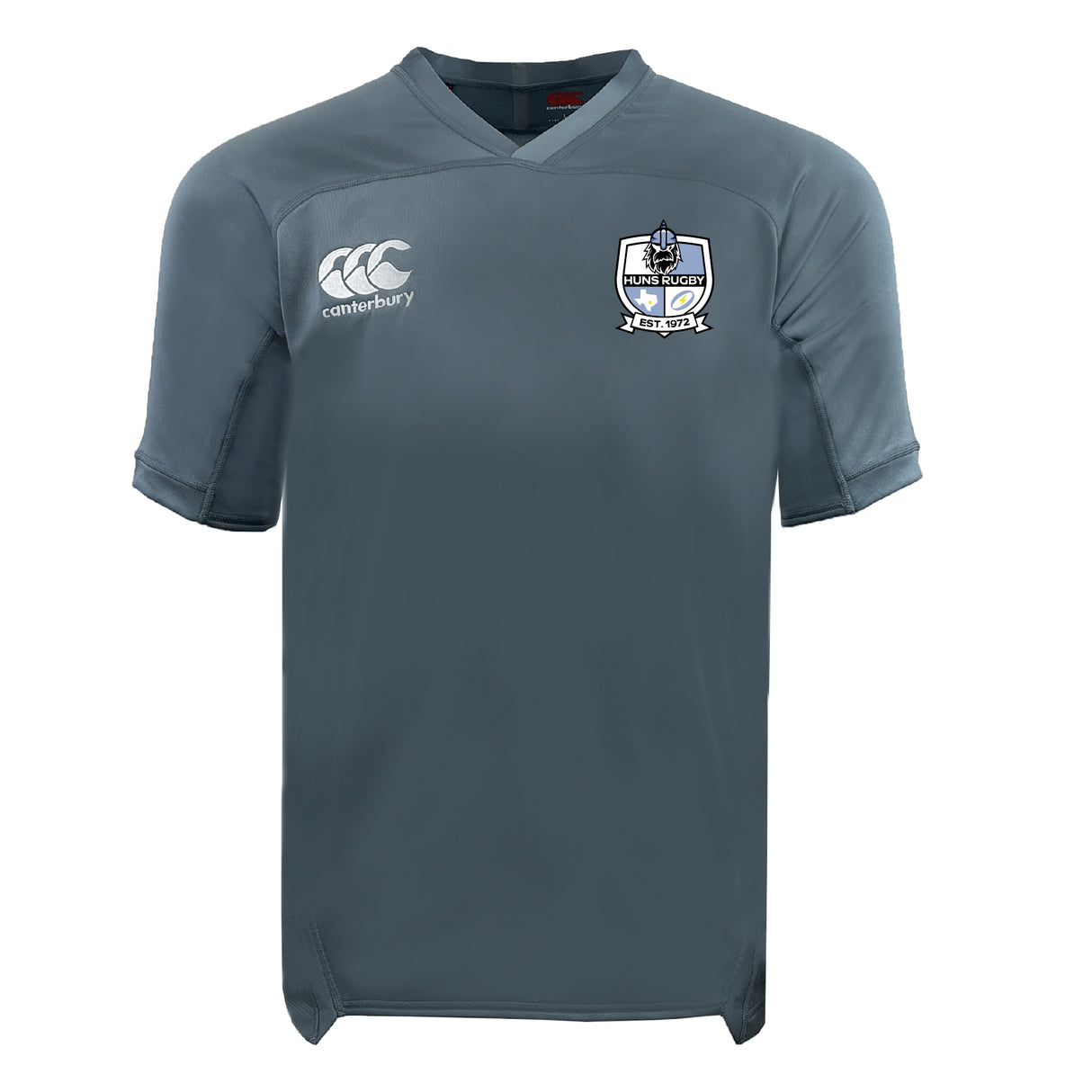 The Austin Huns Rugby Vapodri Evader Jersey by EMB Canterbury is a plain grey short-sleeve rugby top with a white Canterbury logo on the right chest, a shield emblem with text on the left, and moisture-wicking Vapodri technology.