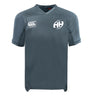 The Clarksville Headhunters Vapodri Evader Jersey by EMB Canterbury is a plain grey short-sleeve rugby top with moisture-wicking tech, a Canterbury logo on the right chest, and a stylized "AH" logo on the left chest.