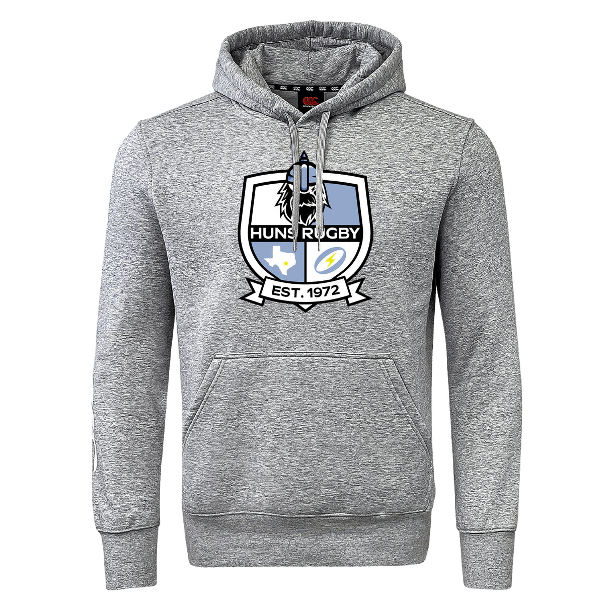 The Austin Huns Rugby Club Hoodie by WRS Canterbury features an embroidered "Huns Rugby Est. 1972" crest with chest symbols, a front pocket, and a drawstring hood.