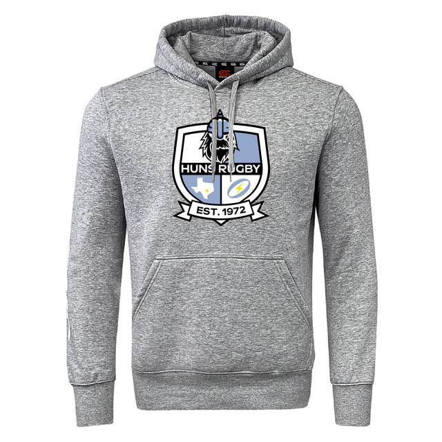 The Austin Huns Rugby Club Hoodie by WRS Canterbury features an embroidered "Huns Rugby Est. 1972" crest with chest symbols, a front pocket, and a drawstring hood.