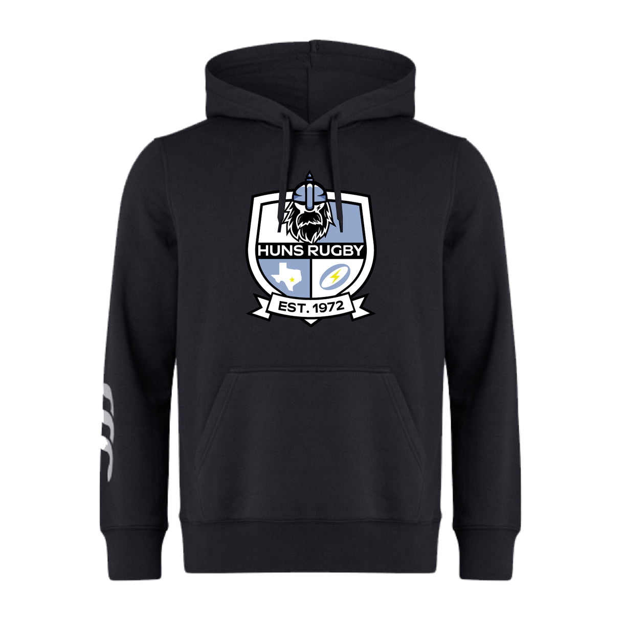 The Austin Huns Rugby Club Hoodie by WRS Canterbury features the Huns logo with a Viking helmet, blue and white shield, "EST. 1972" on the front, and three white stripes on the left sleeve.