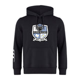 The Austin Huns Rugby Club Hoodie by WRS Canterbury features the Huns logo with a Viking helmet, blue and white shield, "EST. 1972" on the front, and three white stripes on the left sleeve.