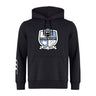 The Austin Huns Rugby Club Hoodie by WRS Canterbury features the Huns logo with a Viking helmet, blue and white shield, "EST. 1972" on the front, and three white stripes on the left sleeve.