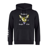 The Hornets Rugby Club Club Hoodie by WRS Canterbury features a chest design with a yellow and black hornet, “Lorne’s Rugby Club 1977” text, drawstrings, pocket, and three white stripes on the left sleeve—the perfect custom team hoodie for fans.