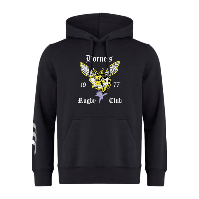The Hornets Rugby Club Club Hoodie by WRS Canterbury features a chest design with a yellow and black hornet, “Lorne’s Rugby Club 1977” text, drawstrings, pocket, and three white stripes on the left sleeve—the perfect custom team hoodie for fans.