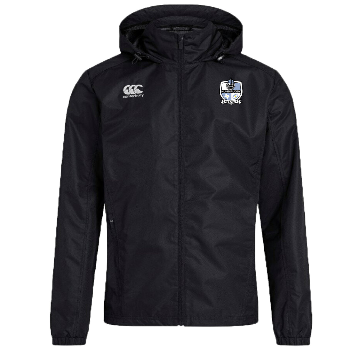 The EMB Canterbury Austin Huns Rugby Club Vaposhield Full Zip Rain Jacket features a front zipper, Canterbury logo on the right chest, crest on the left, and VapoShield technology for water resistance.
