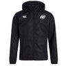 The Clarksville Headhunters Club Vaposhield Full Zip Rain Jacket by EMB Canterbury features a black hood, zip closure, water resistance, and embroidered logos on the chest—ideal for rugby as a rain jacket.