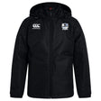 The Austin Huns Rugby Club Vaposhield Stadium Jacket by EMB Canterbury features a black hood, zip front, padded insulation for warmth, water-repellent fabric, the Canterbury logo on the right chest, and a blue-detailed club crest on the left.