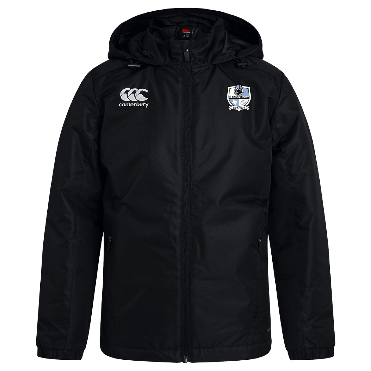 The Austin Huns Rugby Club Vaposhield Stadium Jacket by EMB Canterbury features a black hood, zip front, padded insulation for warmth, water-repellent fabric, the Canterbury logo on the right chest, and a blue-detailed club crest on the left.