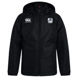 The Austin Huns Rugby Club Vaposhield Stadium Jacket by EMB Canterbury features a black hood, zip front, padded insulation for warmth, water-repellent fabric, the Canterbury logo on the right chest, and a blue-detailed club crest on the left.
