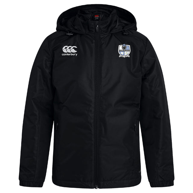 The Austin Huns Rugby Club Vaposhield Stadium Jacket by EMB Canterbury features a black hood, zip front, padded insulation for warmth, water-repellent fabric, the Canterbury logo on the right chest, and a blue-detailed club crest on the left.