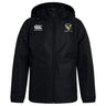 The Hornets Rugby Club Vaposhield Stadium Jacket by EMB Canterbury is a black, padded jacket with a front zipper, featuring both the Canterbury and Hornets Rugby Club logos for warmth and comfort on chilly game days.