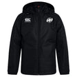 The Clarksville Headhunters Club Vaposhield Stadium Jacket by EMB Canterbury is a black, water-repellent, hooded jacket with padded insulation, front zipper, Canterbury logo on the right chest, and a circular "AH" logo on the left chest.