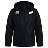 The Clarksville Headhunters Club Vaposhield Stadium Jacket by EMB Canterbury is a black, water-repellent, hooded jacket with padded insulation, front zipper, Canterbury logo on the right chest, and a circular "AH" logo on the left chest.