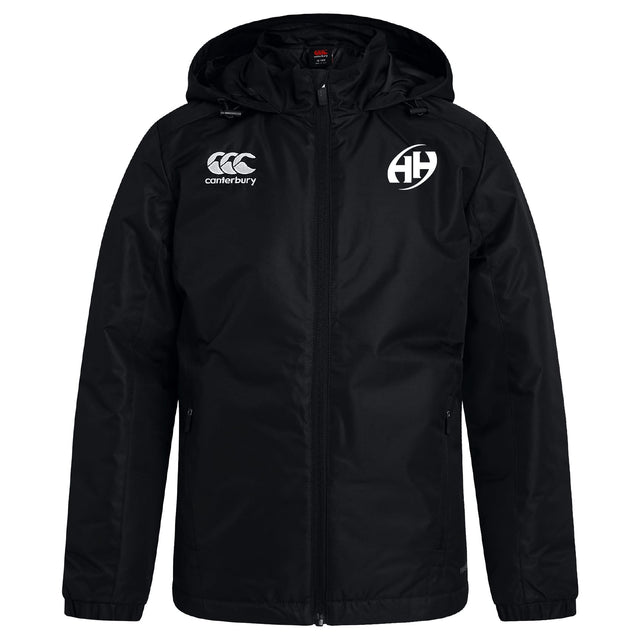 The Clarksville Headhunters Club Vaposhield Stadium Jacket by EMB Canterbury is a black, water-repellent, hooded jacket with padded insulation, front zipper, Canterbury logo on the right chest, and a circular "AH" logo on the left chest.