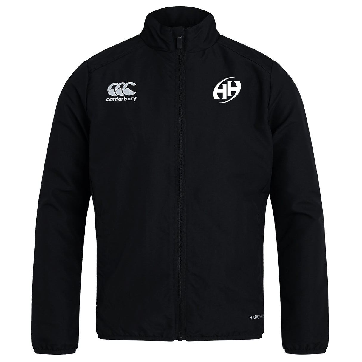 The Clarksville Headhunters Club Track Jacket by EMB Canterbury is a lightweight black zip-up with the Canterbury logo on the left chest and a circular "AH" logo on the right, ideal for everyday wear.