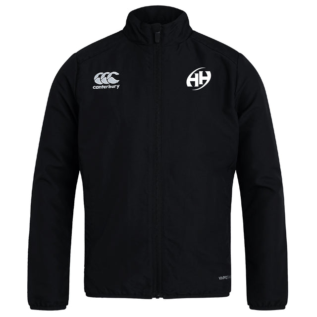 The Clarksville Headhunters Club Track Jacket by EMB Canterbury is a lightweight black zip-up with the Canterbury logo on the left chest and a circular "AH" logo on the right, ideal for everyday wear.
