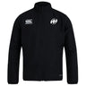 The Clarksville Headhunters Club Track Jacket by EMB Canterbury is a lightweight black zip-up with the Canterbury logo on the left chest and a circular "AH" logo on the right, ideal for everyday wear.