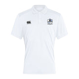 The Austin Huns Rugby Club Dry Polo by EMB Canterbury is a white, short-sleeve, collared shirt with a black Canterbury logo on the right chest and club crest on the left. Made with Vapodri technology for cool, breathable comfort.