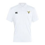 The Hornets Rugby Club Club Dry Polo by EMB Canterbury is a white short-sleeve polo featuring the Canterbury logo on the right chest and hornet emblem with text on the left. Vapodri Technology ensures cool, breathable comfort.
