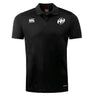 The Clarksville Headhunters Club Dry Polo by EMB Canterbury is a black short-sleeve polo with collar and button placket, featuring Vapodri Technology for moisture-wicking comfort and two chest logos: "Canterbury" and a circular "AH.