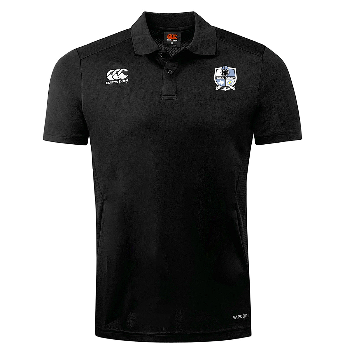 The Austin Huns Rugby Club Dry Polo by EMB Canterbury is a black short-sleeve shirt with a white embroidered club logo on the left chest and Canterbury logo on the right, made with breathable Vapodri technology for active wear.