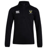 The Hornets Rugby Club Club 1/4 Zip Mid Layer Training Top by EMB Canterbury is a black long-sleeve top with the “Canterbury” logo on the right chest and a CCC Club crest with text on the left.