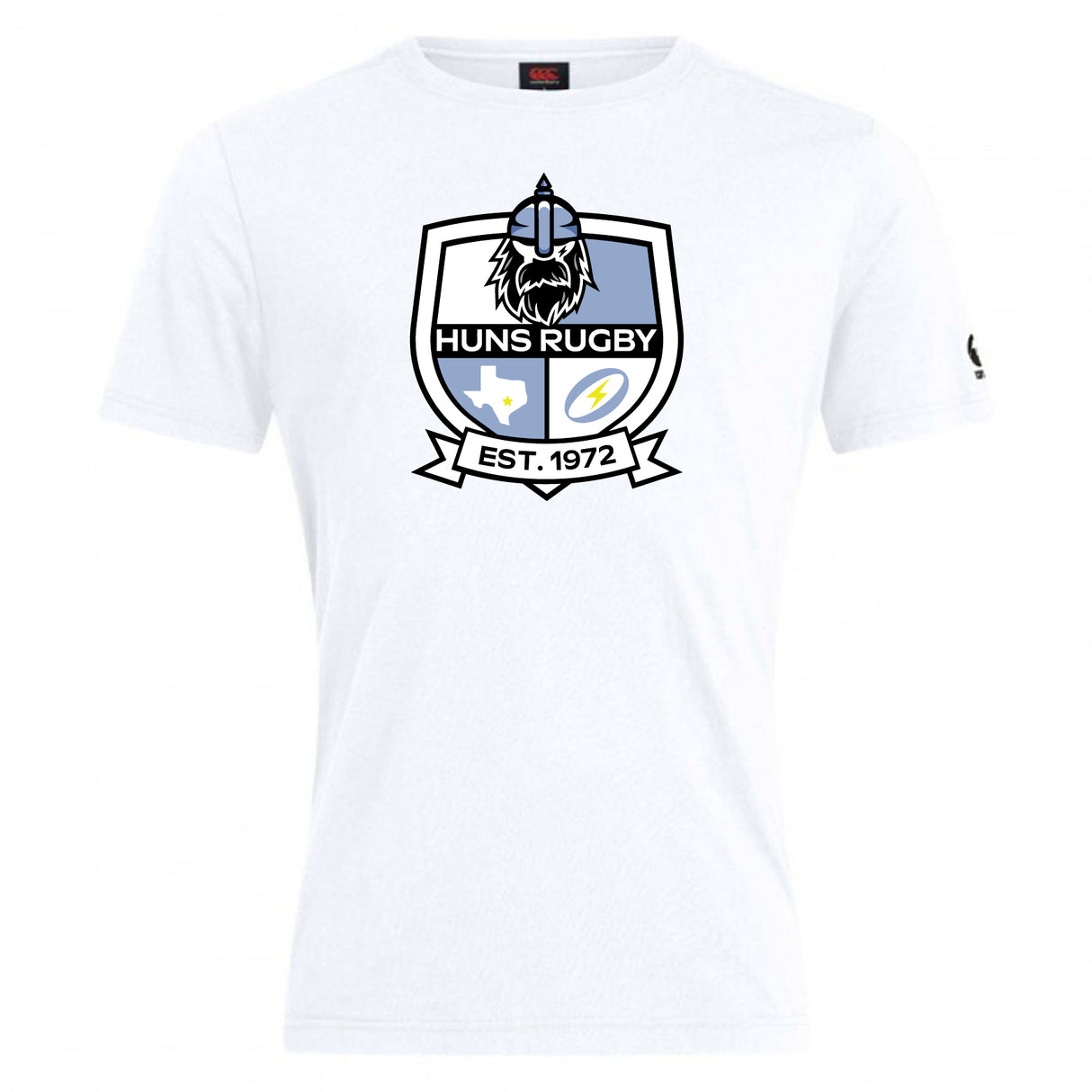 The Austin Huns Rugby Club Plain Tee by WRS Canterbury is a white cotton-blend shirt with a bold "Huns Rugby" emblem, viking graphic, Texas outline, rugby ball, lightning bolt, and "EST. 1972" text.