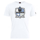 The Austin Huns Rugby Club Plain Tee by WRS Canterbury is a white cotton-blend shirt with a bold "Huns Rugby" emblem, viking graphic, Texas outline, rugby ball, lightning bolt, and "EST. 1972" text.