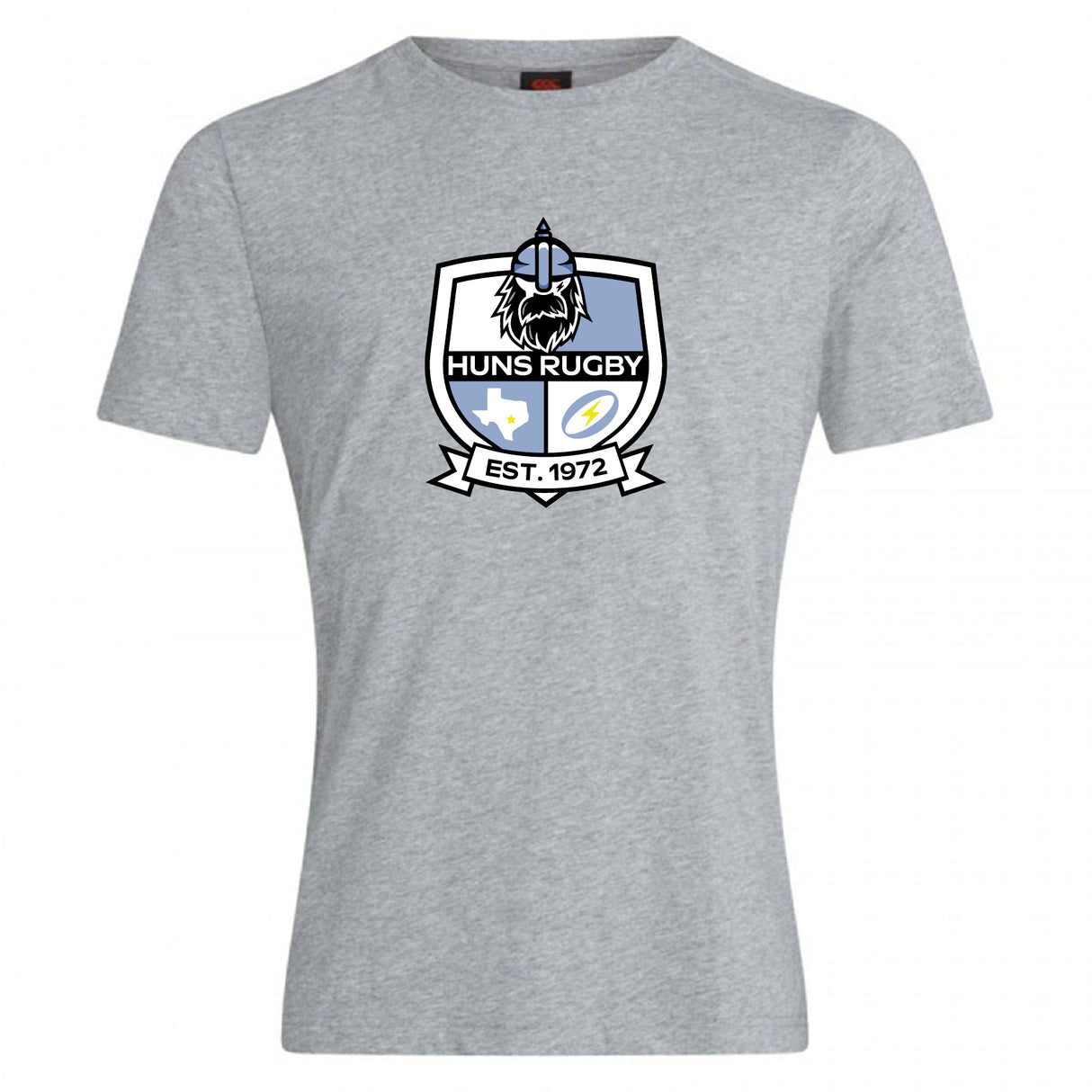 The Austin Huns Rugby Club Plain Tee by WRS Canterbury is a gray cotton blend shirt with a "Huns Rugby" crest, helmeted figure, shield, and "Est. 1972" printed on the front.