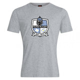 The Austin Huns Rugby Club Plain Tee by WRS Canterbury is a gray cotton blend shirt with a "Huns Rugby" crest, helmeted figure, shield, and "Est. 1972" printed on the front.