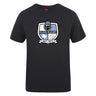 The Austin Huns Rugby Club Plain Tee by WRS Canterbury is a black cotton blend, featuring a front crest with a Viking helmet, "Huns Rugby," and "Est. 1972" printed on it.