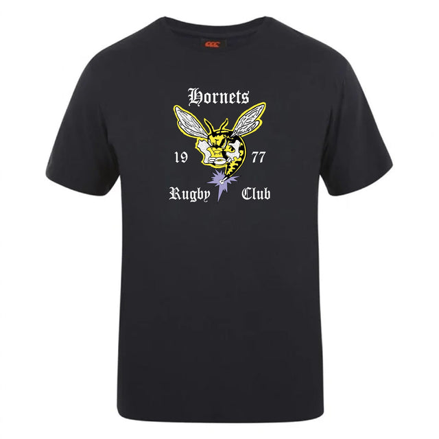 The Hornets Rugby Club Club Plain Tee by Canterbury from WRS Canterbury is a black cotton blend shirt with a yellow hornet graphic and "Hornets Rugby Club 1977" in white text—ideal for fans and members.
