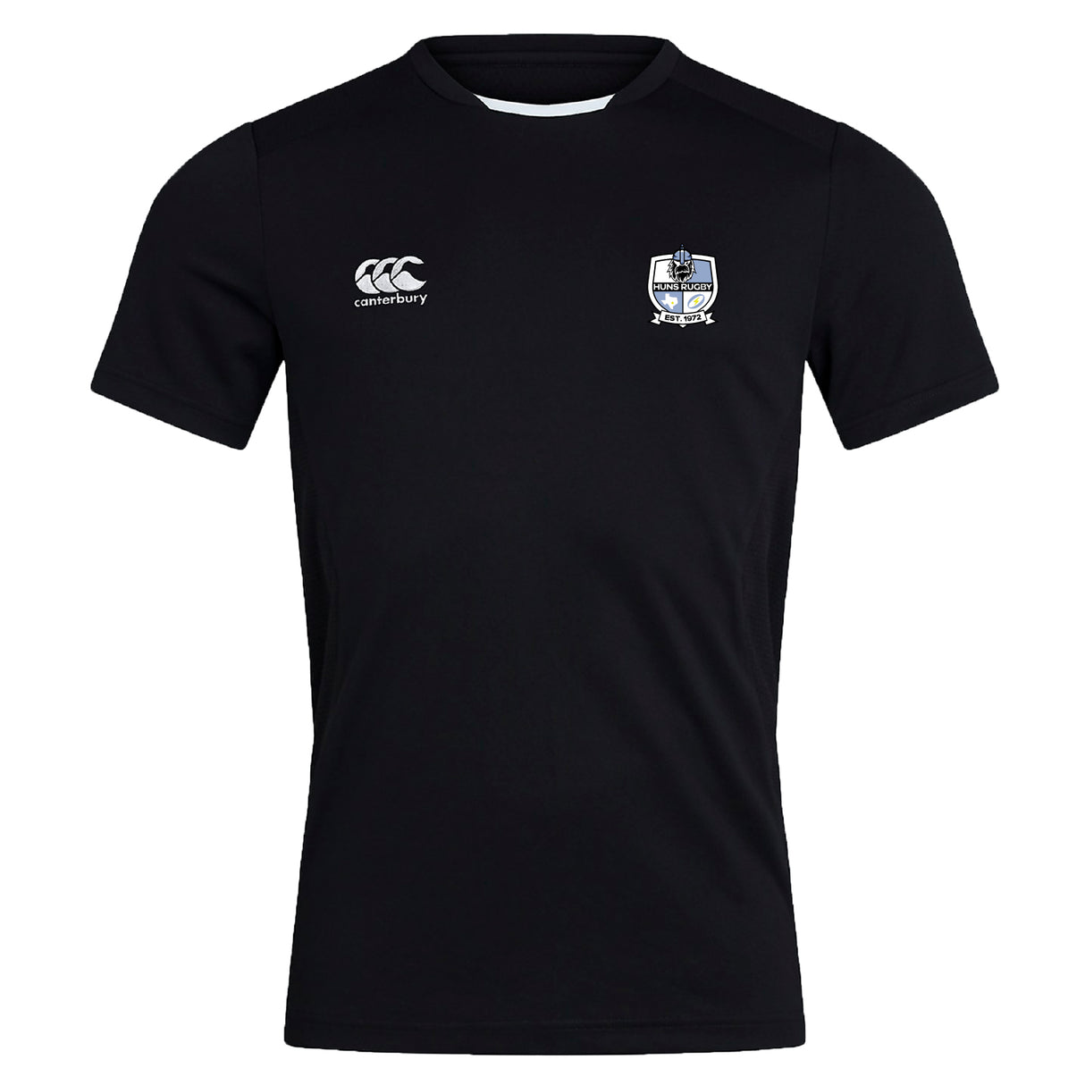 The Austin Huns Rugby Club Dry Tee by EMB Canterbury is a plain black, short-sleeve, breathable workout shirt featuring a white Canterbury logo on the right chest and a small blue-accented crest on the left chest.