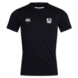 The Austin Huns Rugby Club Dry Tee by EMB Canterbury is a plain black, short-sleeve, breathable workout shirt featuring a white Canterbury logo on the right chest and a small blue-accented crest on the left chest.