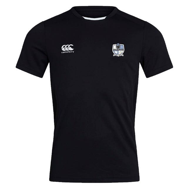 The Austin Huns Rugby Club Dry Tee by EMB Canterbury is a plain black, short-sleeve, breathable workout shirt featuring a white Canterbury logo on the right chest and a small blue-accented crest on the left chest.