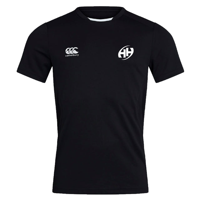 The Clarksville Headhunters Club Dry Tee by EMB Canterbury is a black short-sleeve workout shirt with Canterbury and AH logos in white, featuring breathable Vapodri Technology to keep you cool and comfortable during training.