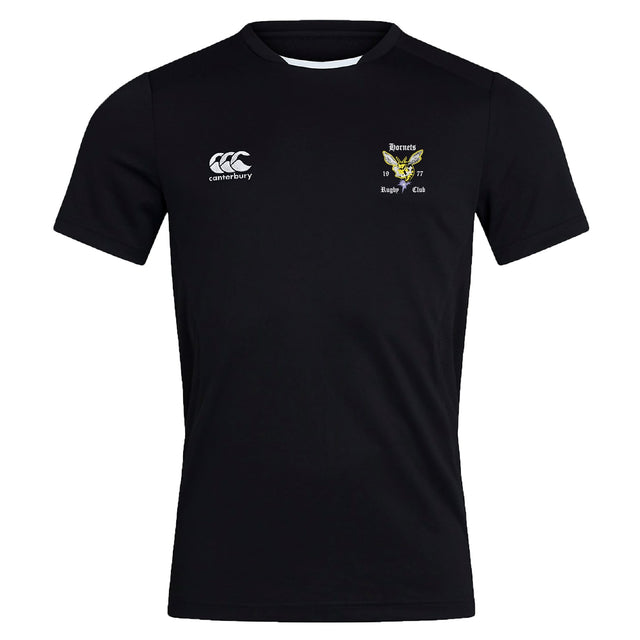 The Hornets Rugby Club Club Dry Tee by EMB Canterbury is a black short-sleeve top with the Canterbury logo and club crest on the chest. Featuring Vapodri Technology, it keeps you cool and comfortable during intense workouts.