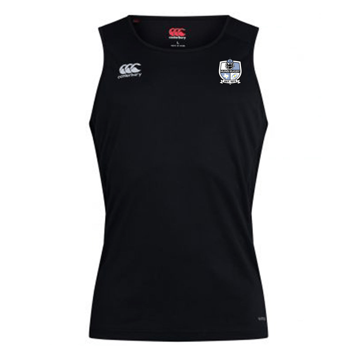 The Austin Huns Rugby Club Dry Singlet by EMB Canterbury is a black sleeveless top featuring a white logo on the left chest and a crest on the right, perfect for athletic wear.