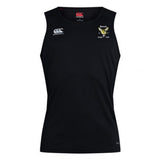 The EMB Canterbury Hornets Rugby Club Club Dry Singlet is black and sleeveless, featuring a yellow and white hornets logo on the left chest and a white Canterbury logo on the right—ideal for athletic gear collections.