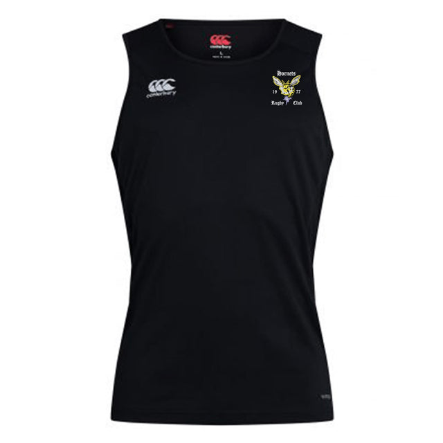 The EMB Canterbury Hornets Rugby Club Club Dry Singlet is black and sleeveless, featuring a yellow and white hornets logo on the left chest and a white Canterbury logo on the right—ideal for athletic gear collections.