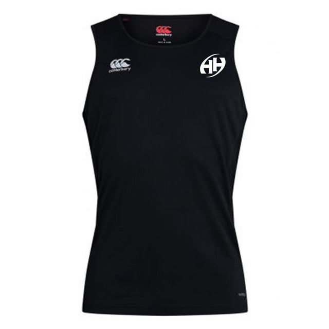 Sleeveless black Clarksville Headhunters Club Dry Singlet by EMB Canterbury featuring a white "Canterbury" logo on the right chest, circular "AH" logo on the left chest, and advanced Vapodri Technology for top athletic performance.