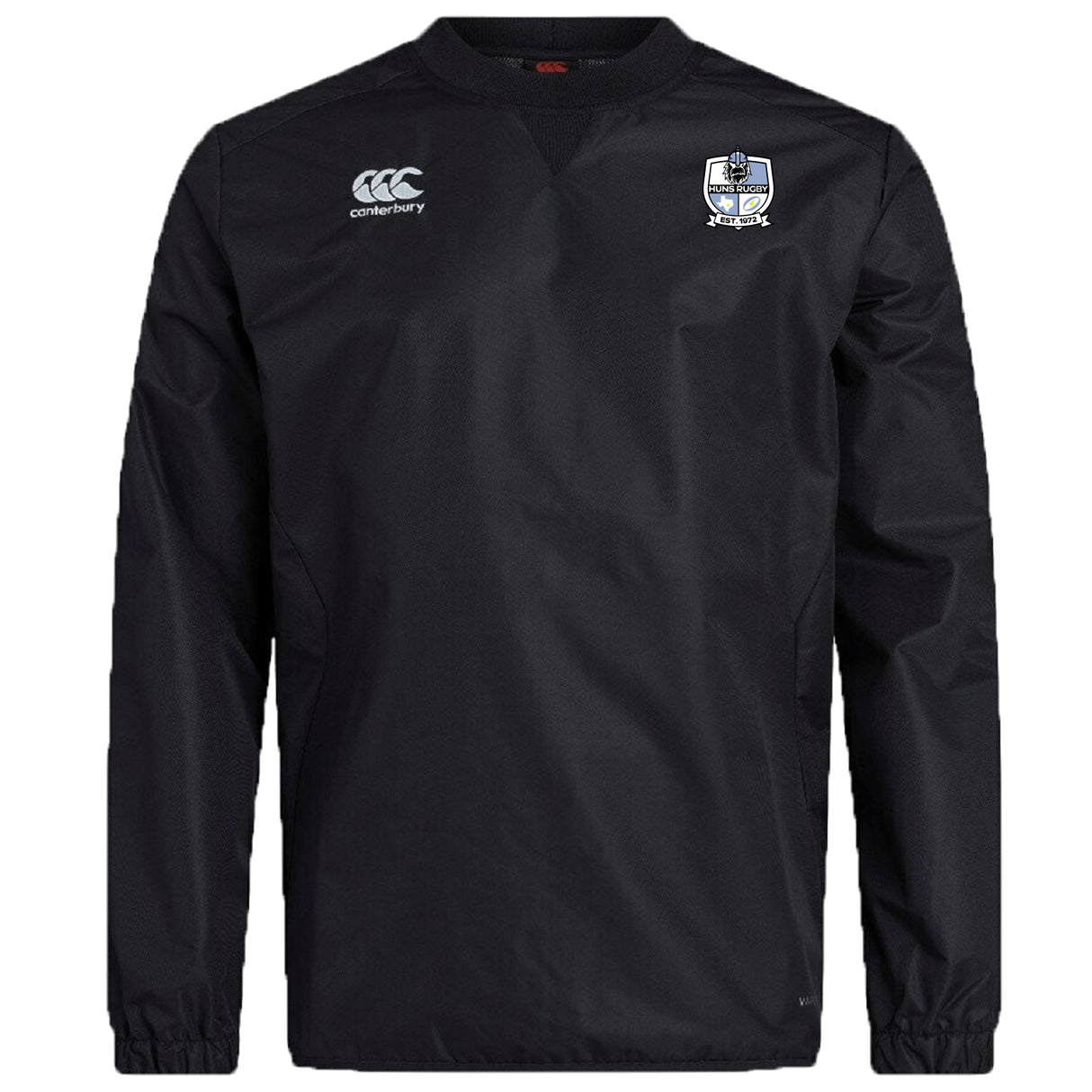 The Austin Huns Rugby Club Vaposhield Contact Top by Canterbury is a black long-sleeve pullover with the EMB Canterbury logo on the right chest, a blue shield crest on the left, and Vaposhield tech for enhanced comfort.