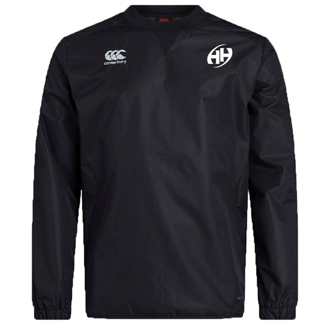 The Clarksville Headhunters Club Vaposhield Contact Top by EMB Canterbury is a black long-sleeve top featuring Canterbury’s logo on the right chest, a circular "AH" logo on the left, and advanced Vaposhield technology for comfort.