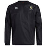 The Hornets Rugby Club Vaposhield Contact Top by EMB Canterbury is a black, long-sleeve top with the Canterbury logo on the right chest and club emblem on the left, designed for durability during intense training.
