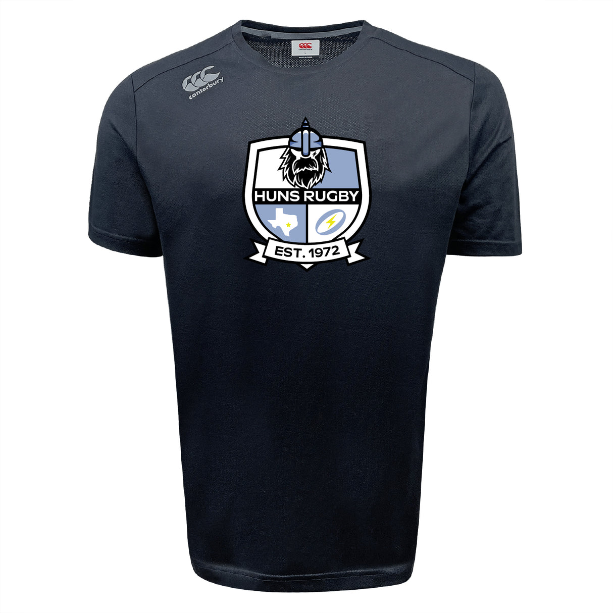 The Austin Huns Rugby Tempo Vapodri T-Shirt by WRS Canterbury is a black, short-sleeve moisture-wicking tee with the "Huns Rugby Est. 1972" logo—Viking helmet, shield, lion, and stars—for comfort on and off the field.