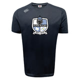 The Austin Huns Rugby Tempo Vapodri T-Shirt by WRS Canterbury is a black, short-sleeve moisture-wicking tee with the "Huns Rugby Est. 1972" logo—Viking helmet, shield, lion, and stars—for comfort on and off the field.