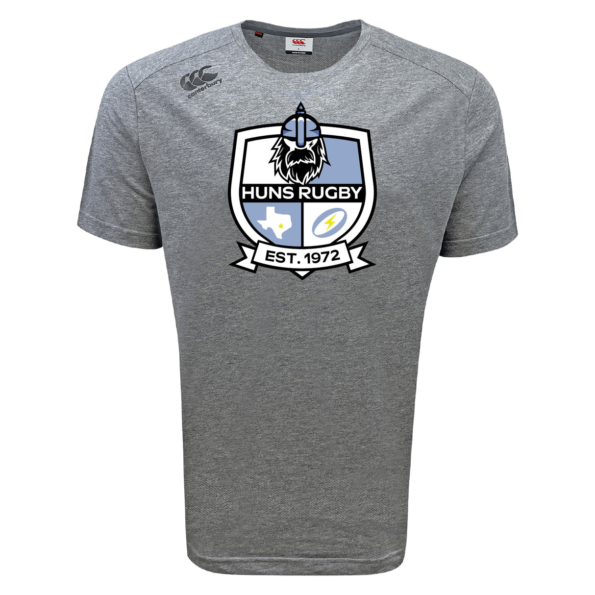 The Austin Huns Rugby Tempo Vapodri T-Shirt by WRS Canterbury is a gray short-sleeve sports shirt featuring the Huns Rugby logo with a Viking helmet, shield, and “EST. 1972” text.