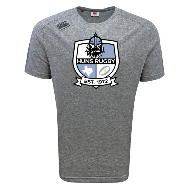 The Austin Huns Rugby Tempo Vapodri T-Shirt by WRS Canterbury is a gray short-sleeve sports shirt featuring the Huns Rugby logo with a Viking helmet, shield, and “EST. 1972” text.
